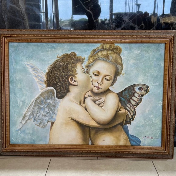 “The first kiss” Angel kiss oil on canvas painting artist W. Mirkin